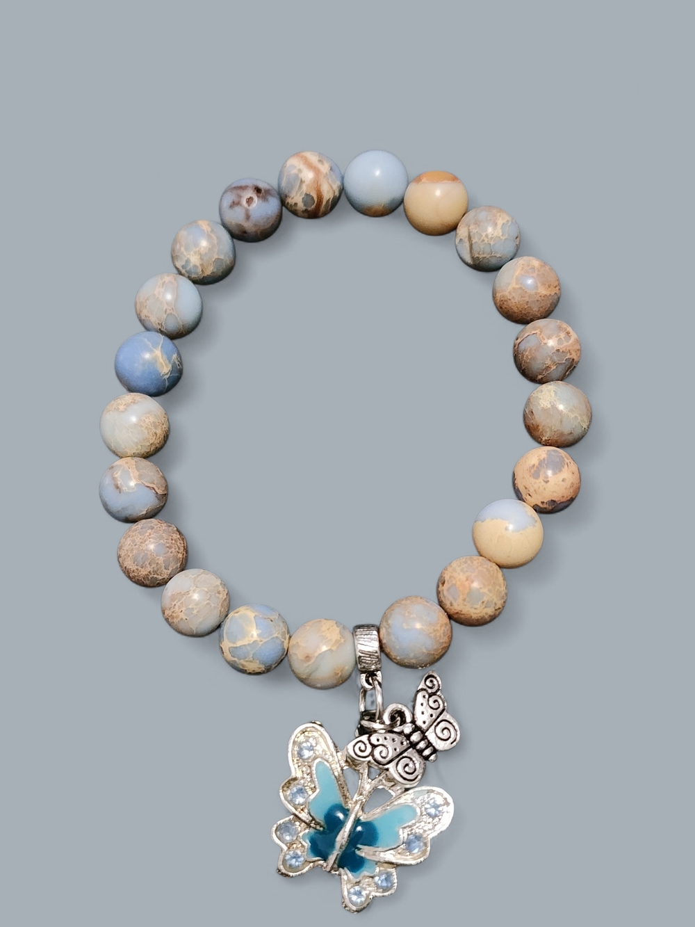 Beaded Blue Jasper Stretch Bracelet with Butterfly Charm